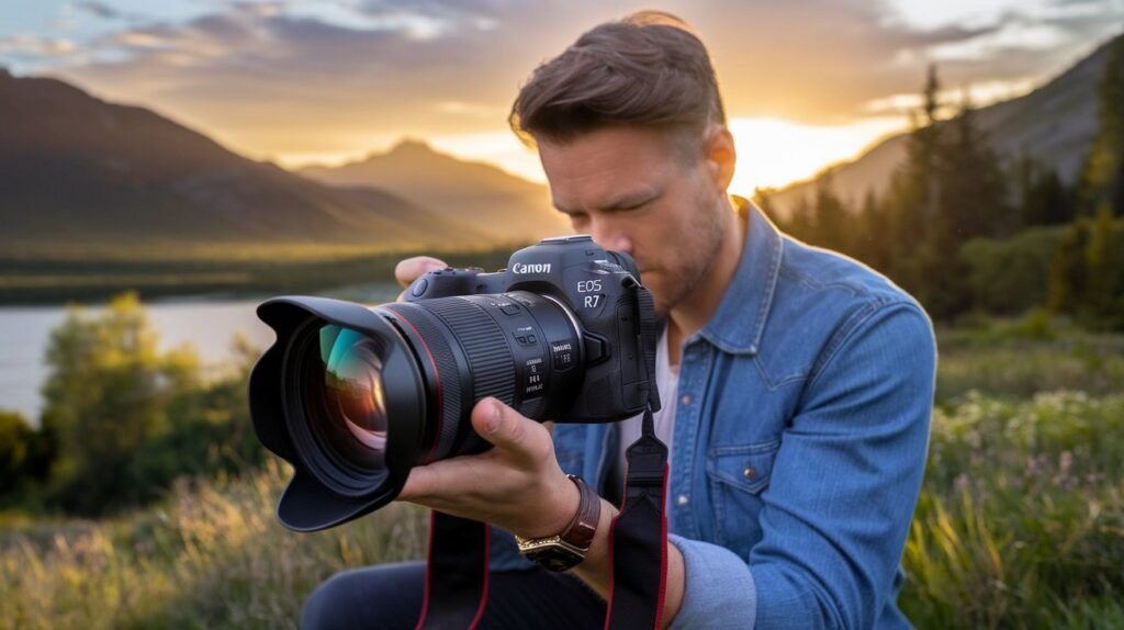 Canon EOS R7 : l'appareil photo idéal pour les passionnés de photographie, capturant un paysage époustouflant au coucher du soleil.
