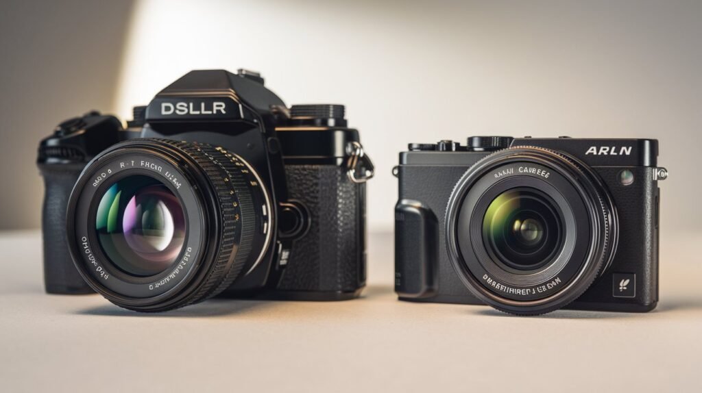 Comparaison entre un appareil photo Reflex et un appareil photo Numérique sur un fond neutre.