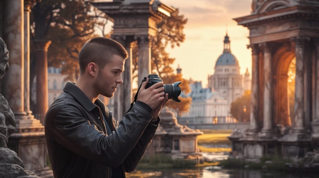 Jeune homme européen avec une petite barbe prenant des photos des vestiges historiques de Paris dans un décor enchanteur avec un canon powershot SX70 SH