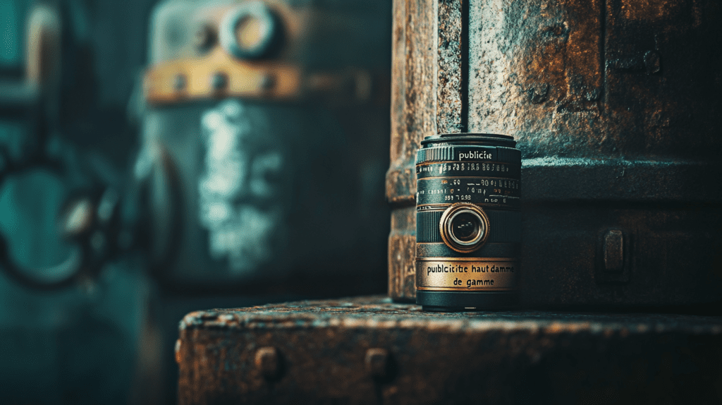 Photographie ultra-réaliste d’ objectifs EF Canon 50mm f/1.8 STM posé sur un établi en bois, éclairé par une lumière douce.