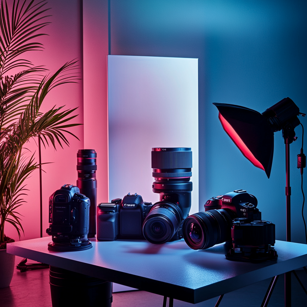 Photographie réaliste d’objectifs EF posés sur une surface sobre, avec un éclairage doux et professionnel.